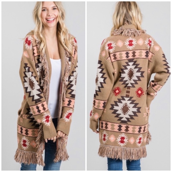 Sweaters - SOLD OUT Taupe Western Native Tribal Aztec Boho Fringe Knit Open Cardigan